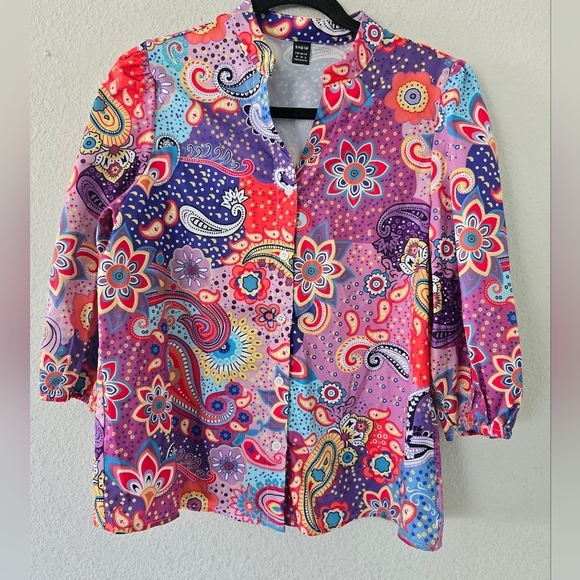 Shein Paisley Shirt Womens Sz M Mixed Print Button Up Blouse Colorful Bohomeim - Picture 3 of 13